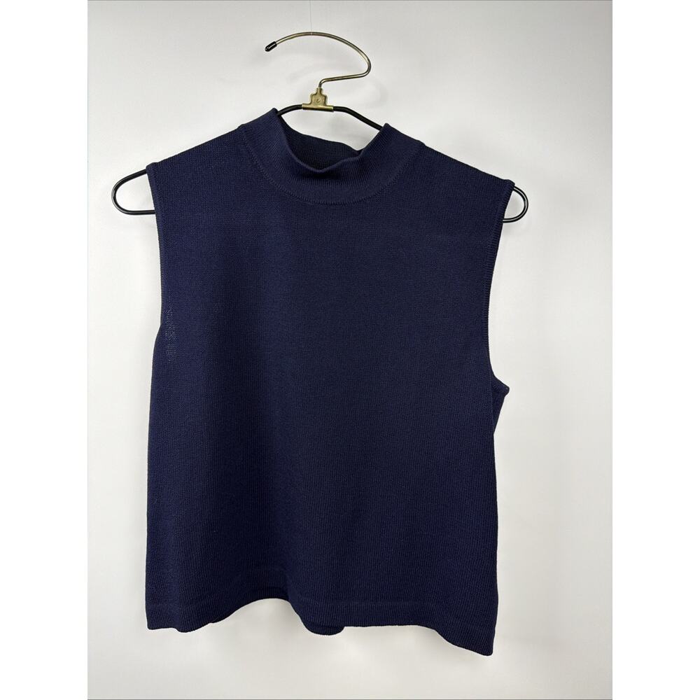 St. John High Neck Sleeveless Knit Shirt, Navy Blue Zip Medium Santana